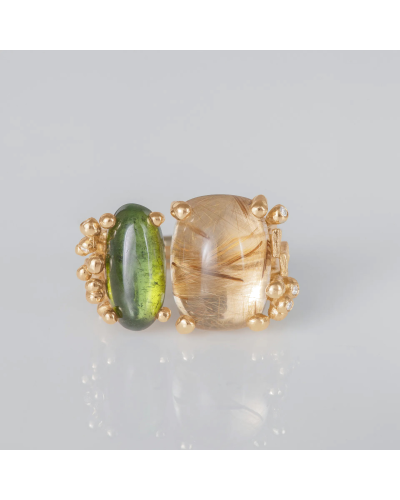 Ole Lynggaard Copenhagen Ring Ring Double in Gold with Rutile Quartz, Tourmaline, & Diamond (watches)